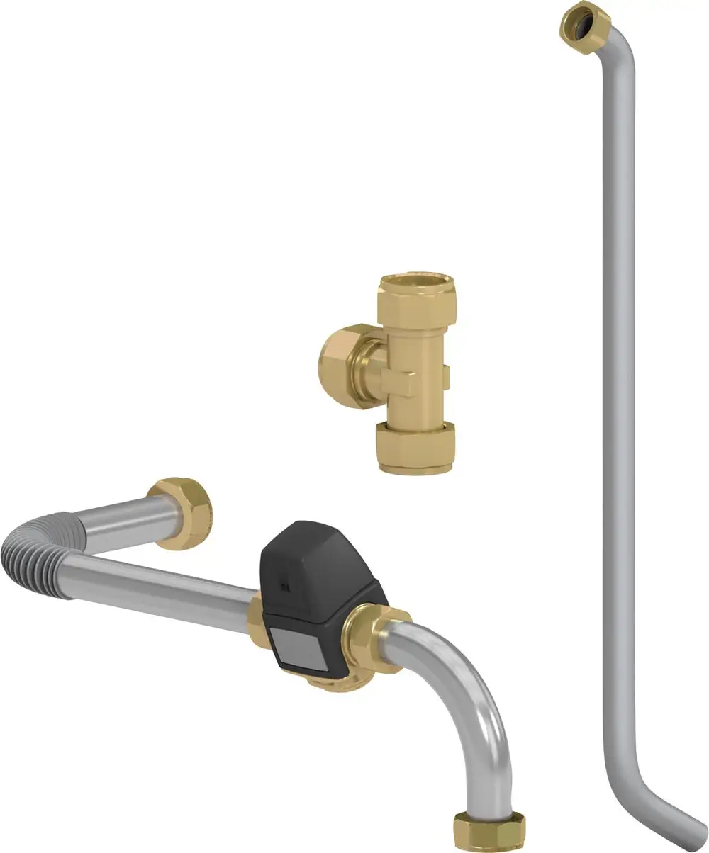 Mischventilset aus Metall für Frischwasserstationen mit Verbindungselementen. Teile aus Edelstahl und Messing, geeignet für Anwendungen mit Bosch-Geräten.